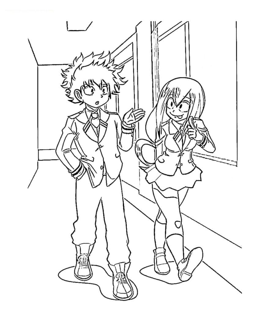 Desenho deMidoriya e Tsuyu Asui para colorir