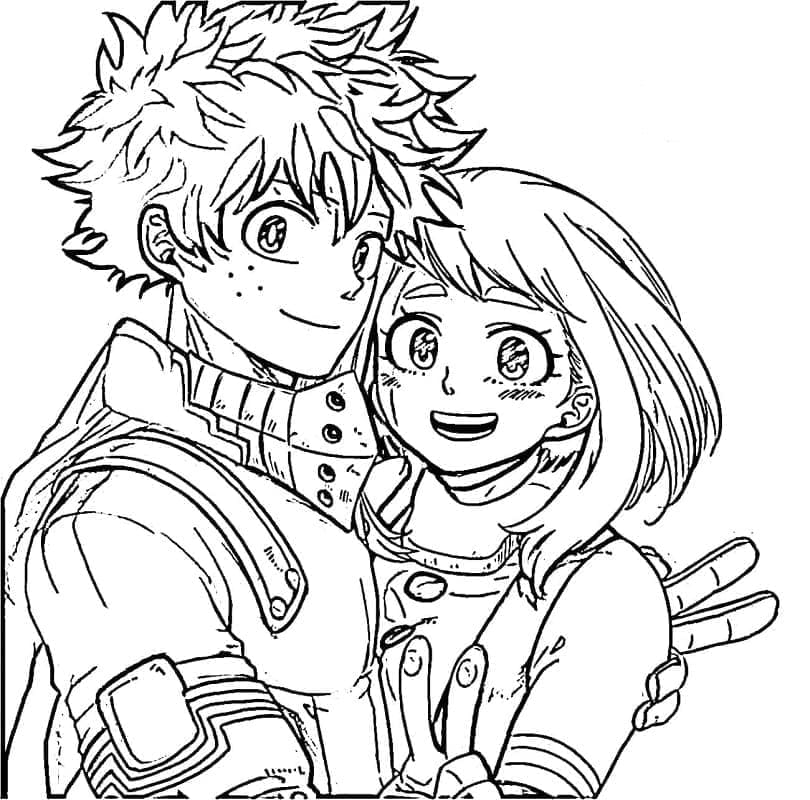 Desenho deMidoriya e Uraraka para colorir