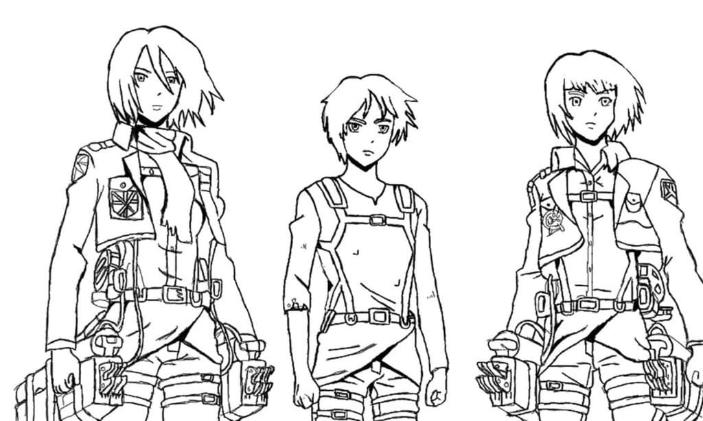 Desenho deMikasa, Eren e Armin para colorir