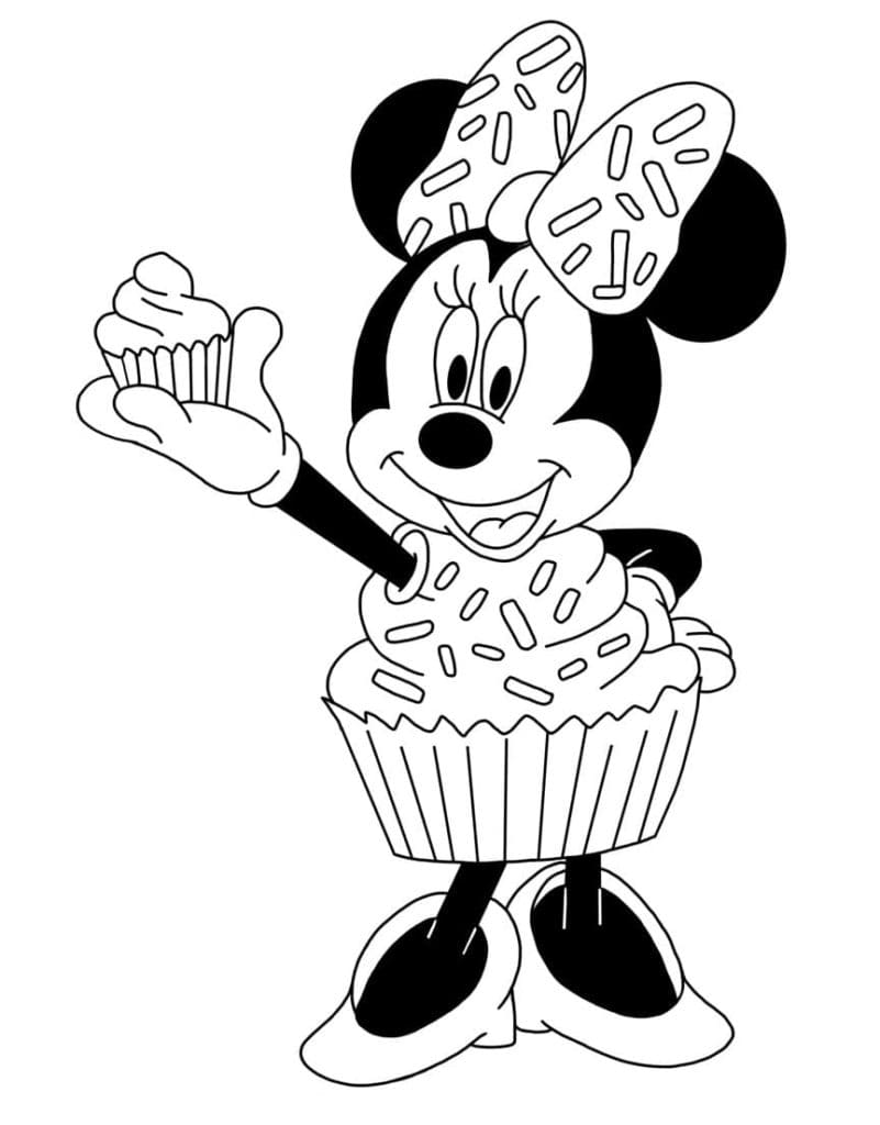 Desenho de Minnie Mouse e Cupcake para colorir