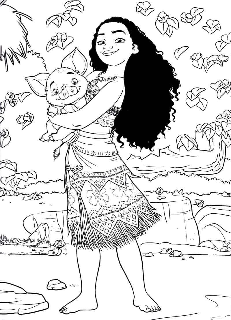 Desenho de Moana com Pua para colorir