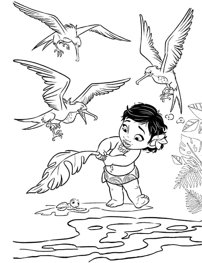 Desenho de Moana e Filhote de Tartaruga para colorir