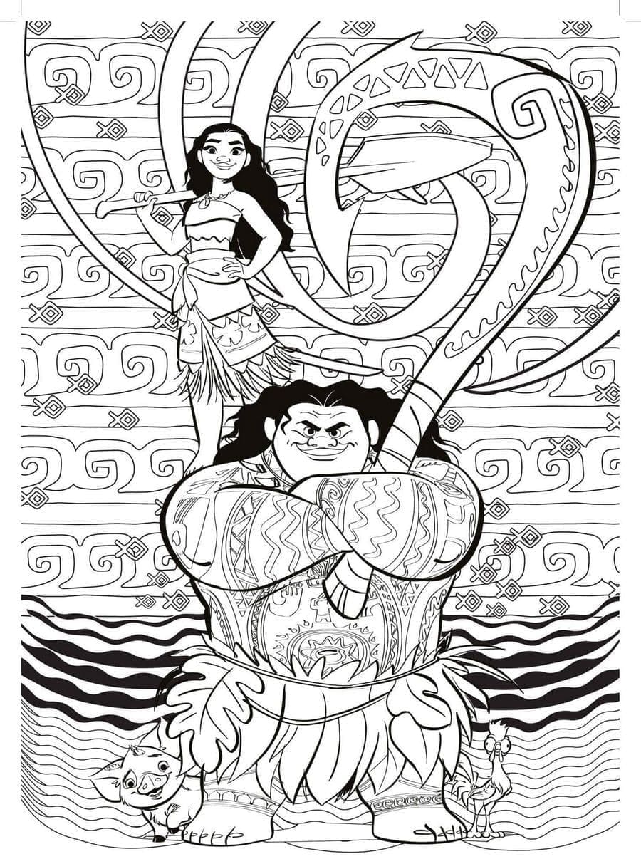 Desenho de Moana e Maui para colorir