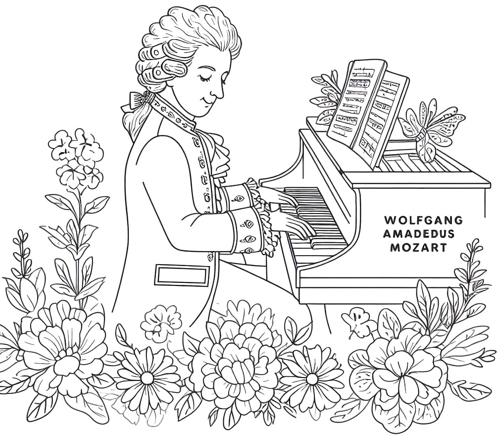 Desenho deMozart Tocando Piano para colorir