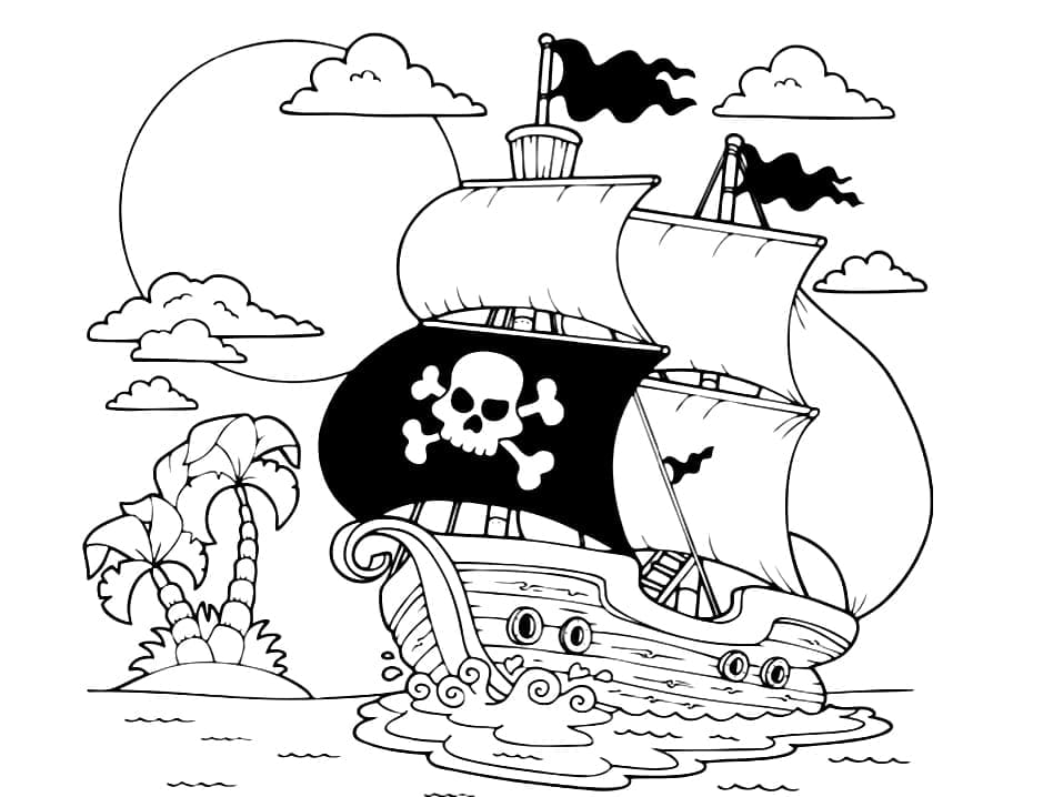 Desenho deNavio Pirata e Ilha para colorir