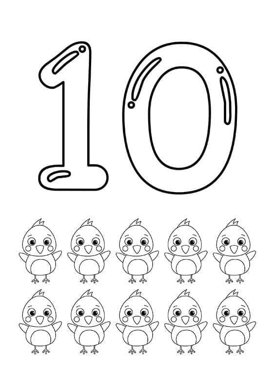 Desenho deNúmero 10 com Pintinhos para colorir