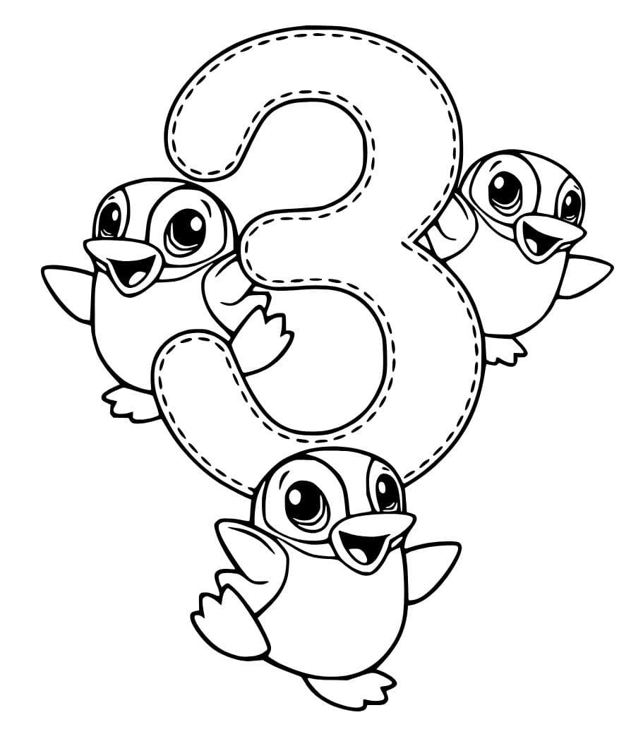 Desenho deNúmero 3 com Pinguins para colorir