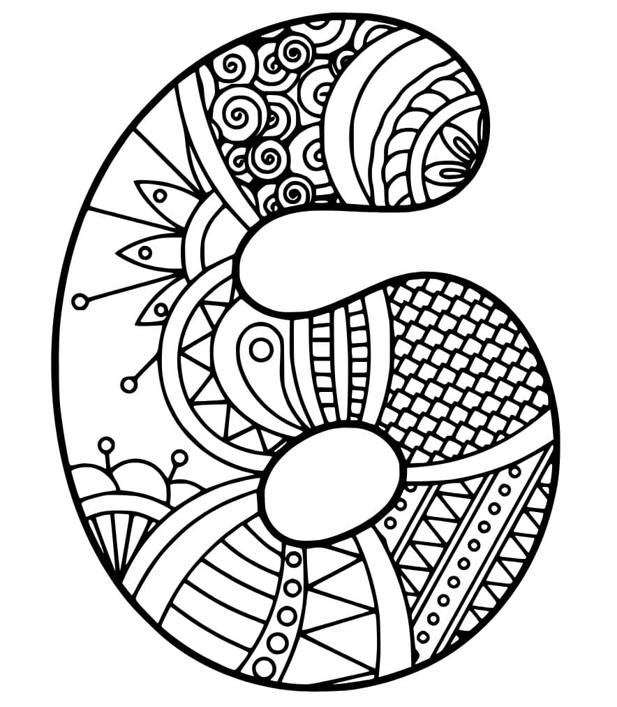 Desenho deNúmero 6 Zentangle para colorir