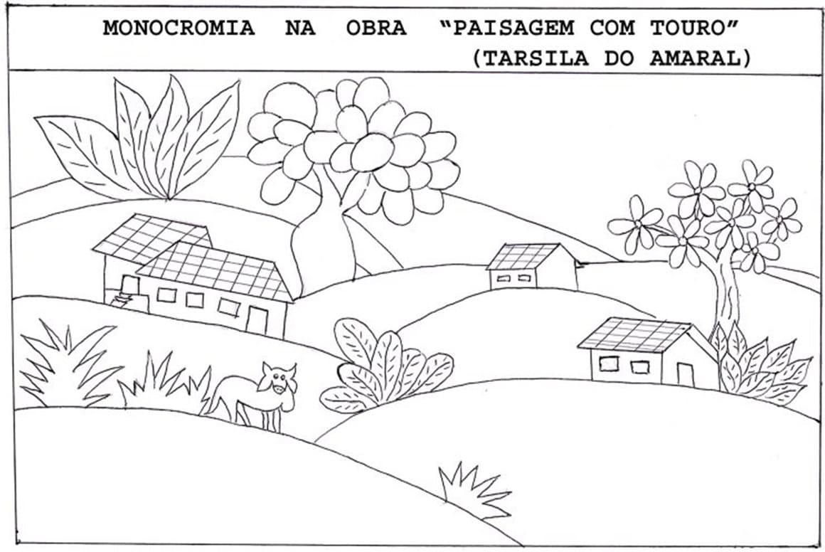 Desenho dePaisagem com Touro - Tarsila do Amaral para colorir