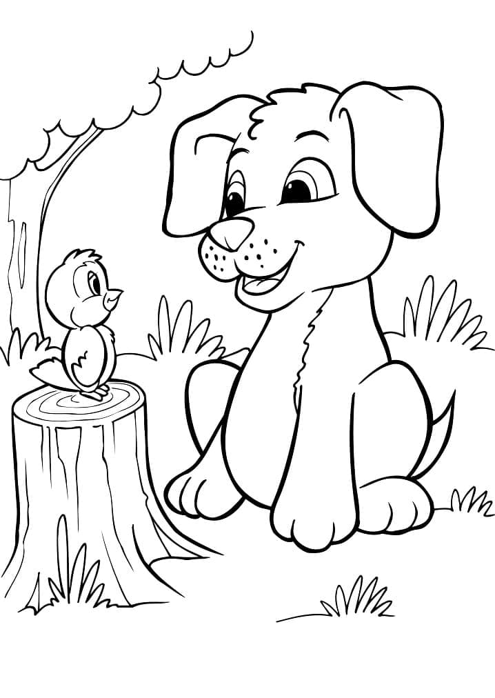 Desenho dePassarinho e Cachorrinho para colorir