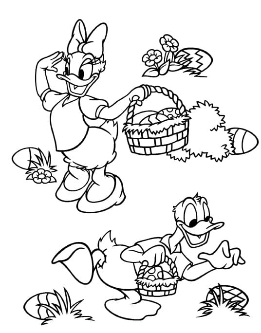 Desenho dePato Donald e Cesta de Páscoa para colorir