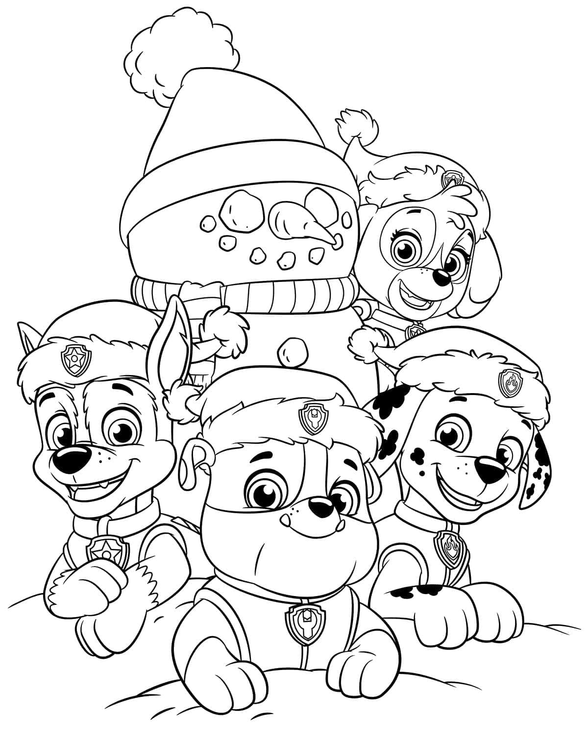 Desenho de Patrulha Canina e Boneco de Neve para colorir