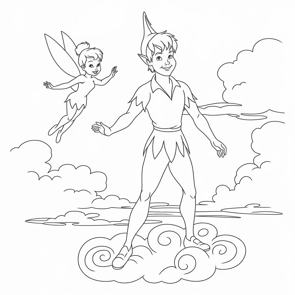 Desenho de Peter Pan Em Pé Nas Nuvens para colorir