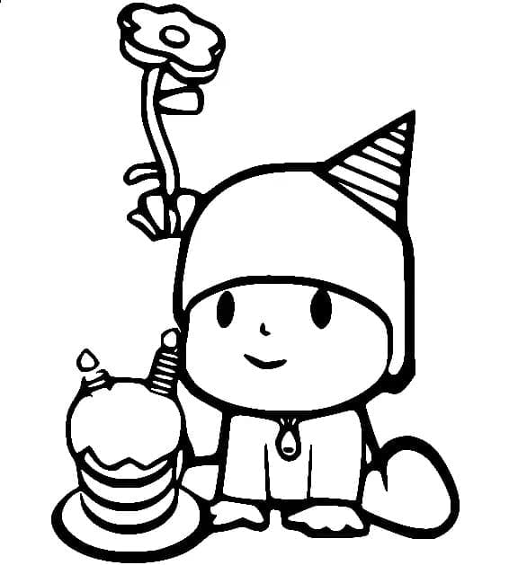 Desenho de Pocoyo e Bolo de Aniversário para colorir