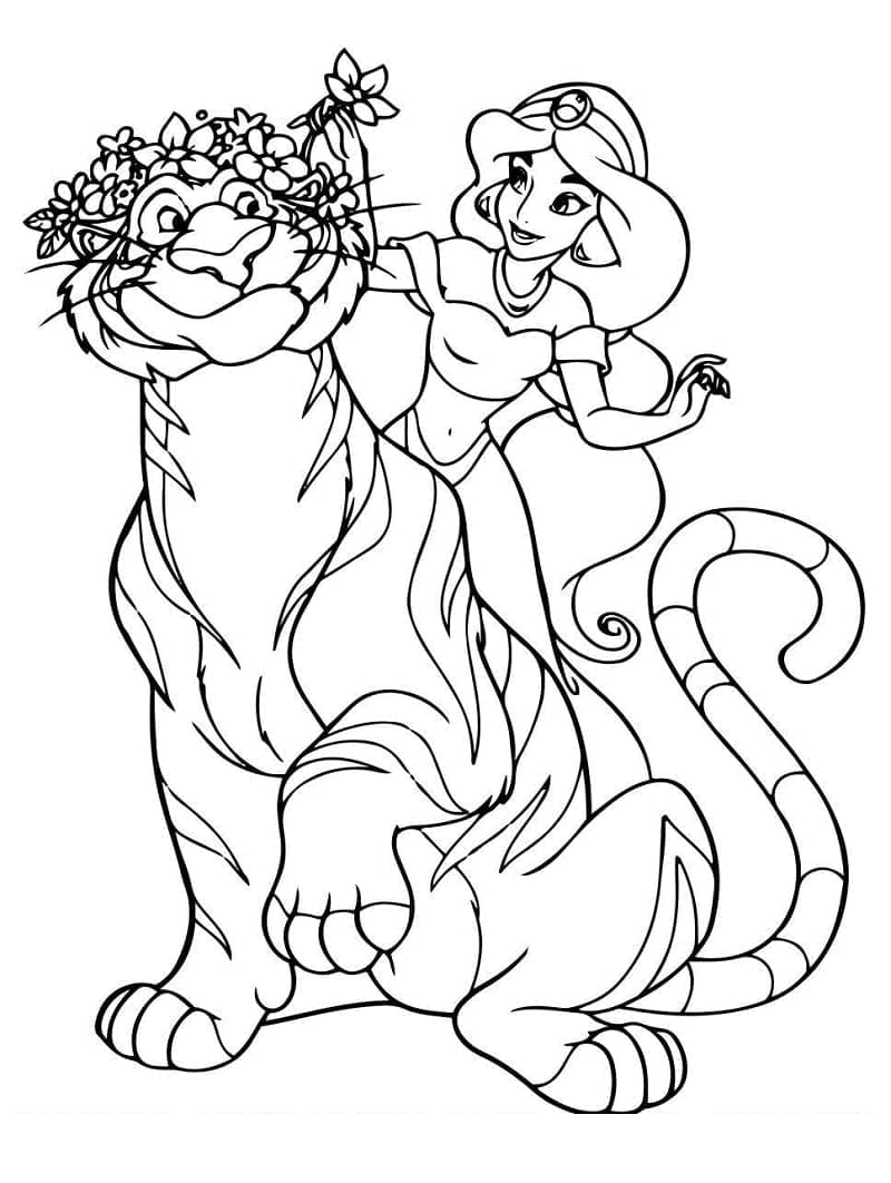 Desenho dePrincesa Jasmine com Rajah para colorir