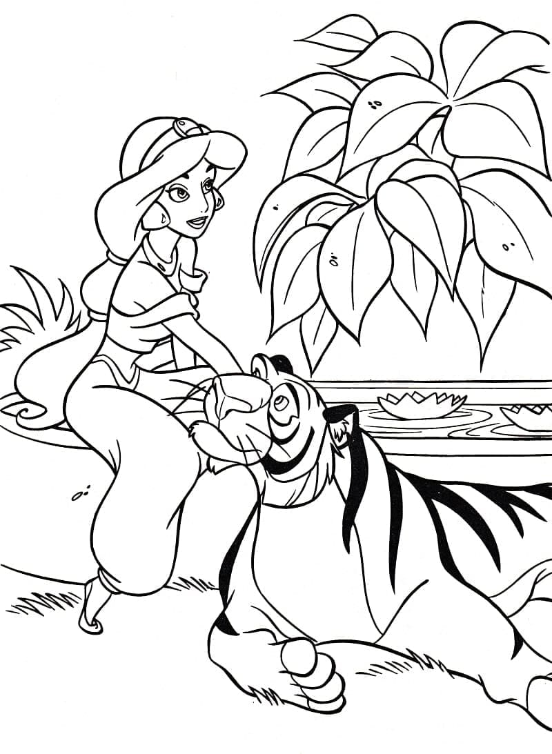 Desenho dePrincesa Jasmine com Tigre Rajah para colorir