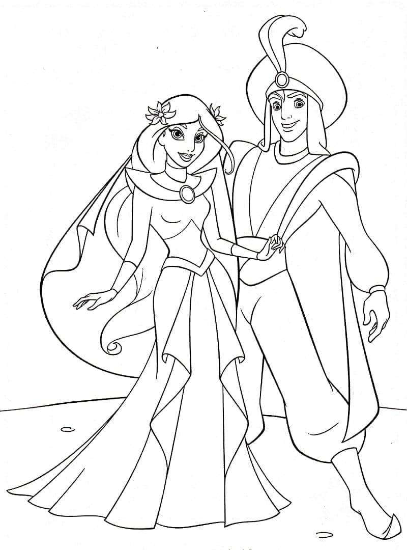 Desenho de Princesa Jasmine e Aladdin para colorir