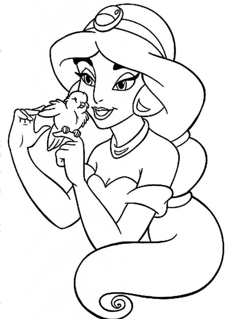 Desenho dePrincesa Jasmine e Pássaro para colorir