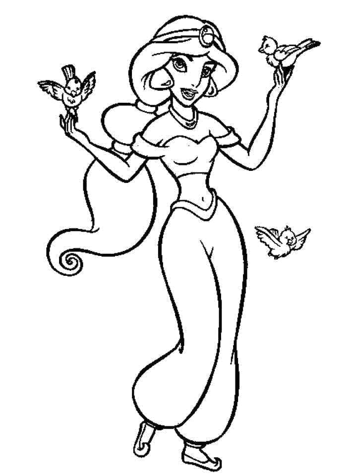 Desenho dePrincesa Jasmine e Pássaros para colorir