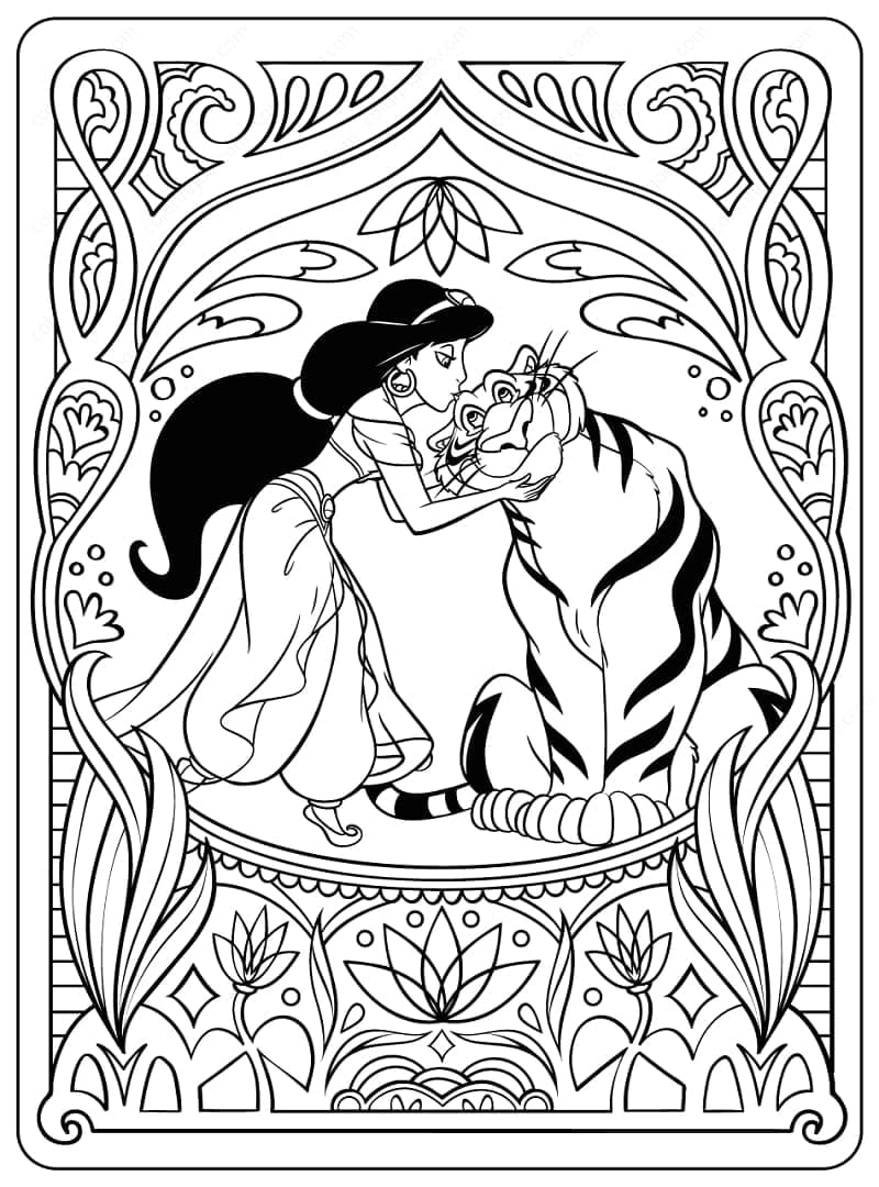 Desenho de Princesa Jasmine e Rajah para colorir