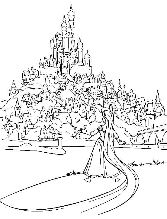 Desenho dePrincesa Rapunzel e Castelo para colorir