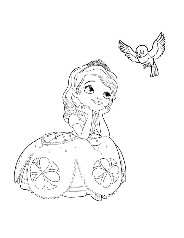 Desenho dePrincesa Sofia e Pássaro para colorir