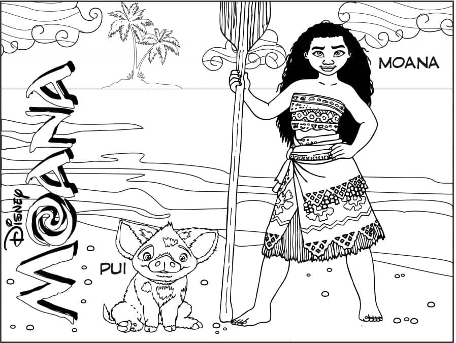 Desenho de Pua e Moana para colorir