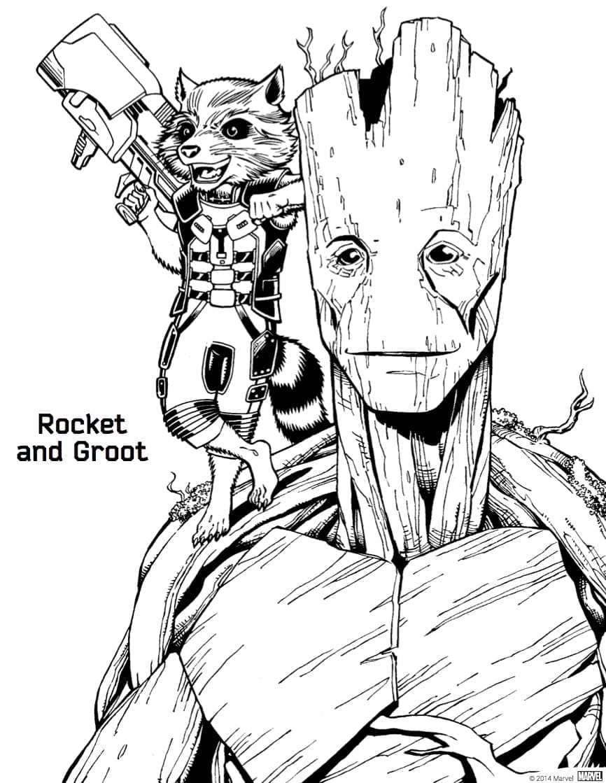 Desenho deRocket Raccoon e Groot para colorir