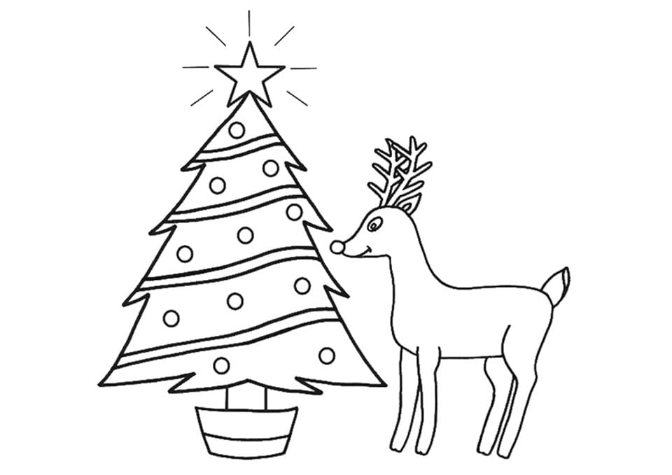 Desenho de Rudolph e árvore de Natal para colorir