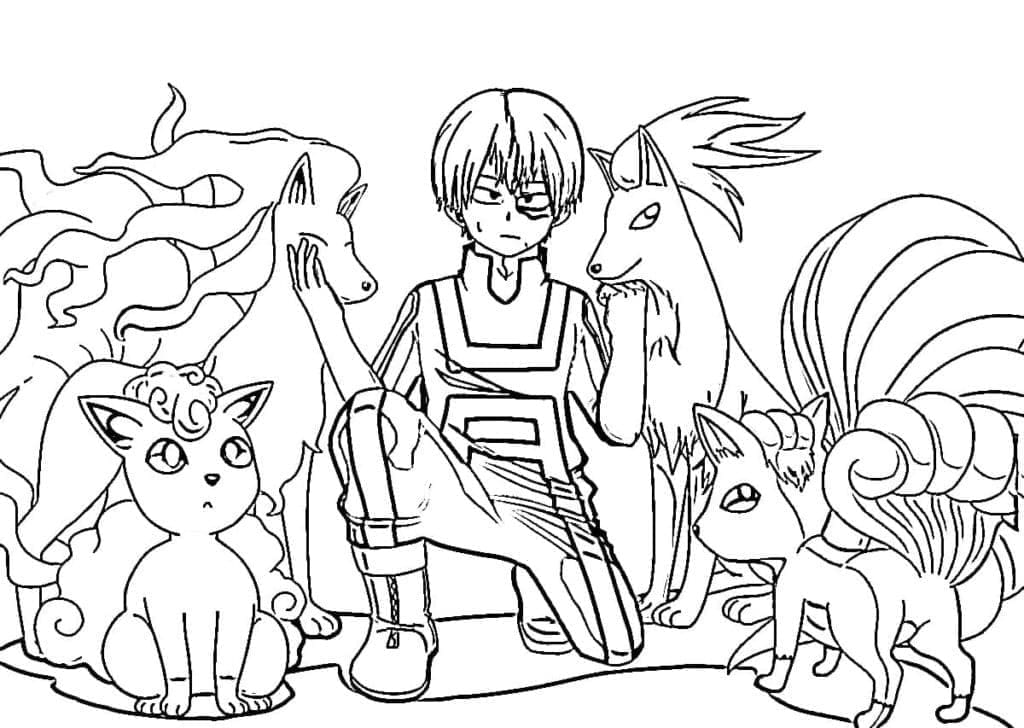 Desenho deShoto Todoroki e Pokemon para colorir