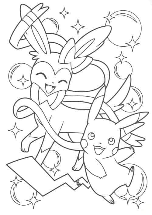 Desenho deSylveon e Pikachu para colorir