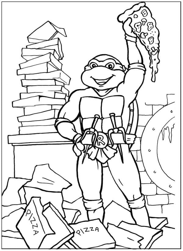 Desenho deTartarugas Ninja Raphael e Pizza para colorir