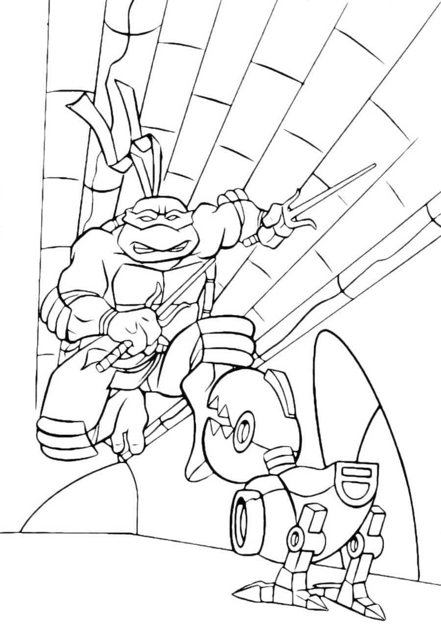 Desenho deTartarugas Ninja Raphael vs Robô para colorir