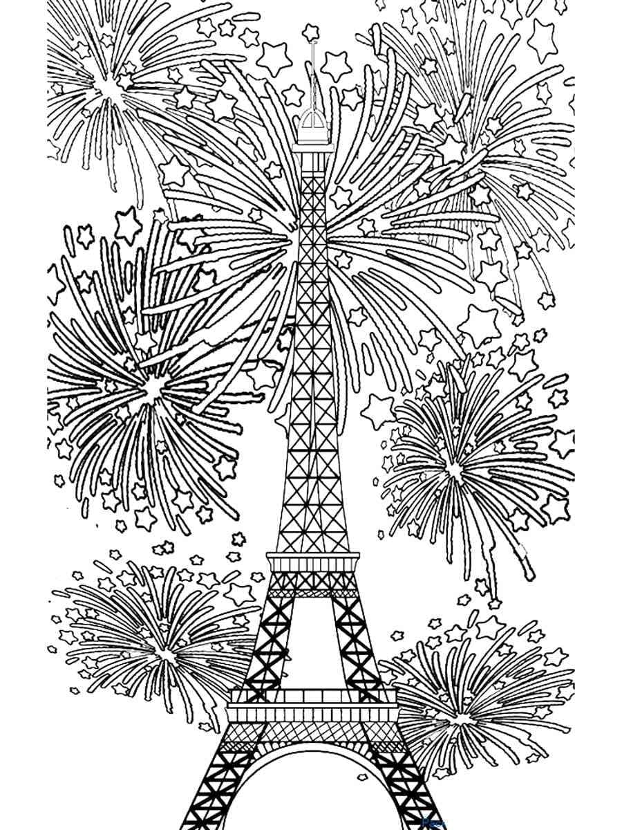 Desenho deTorre Eiffel e Fogos de Artifício para colorir