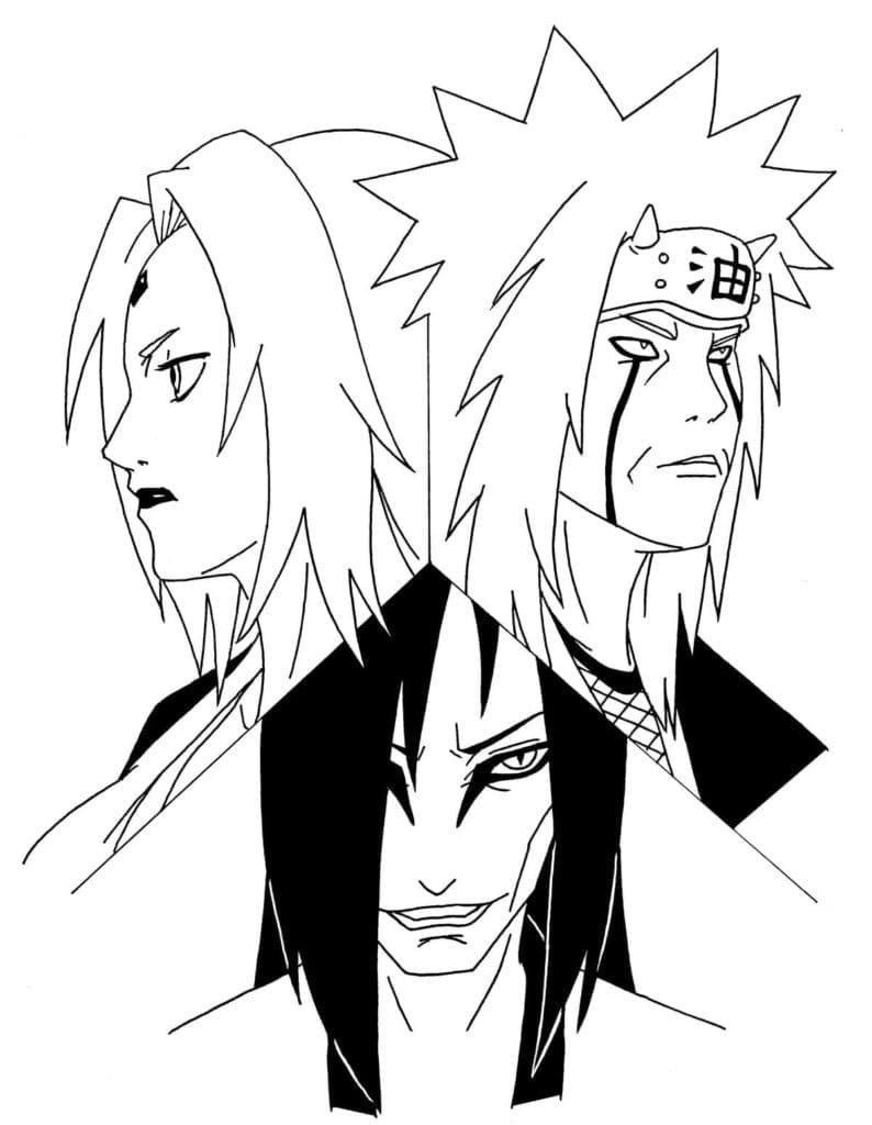 Desenho deTsunade, Jiraiya e Orochimaru para colorir