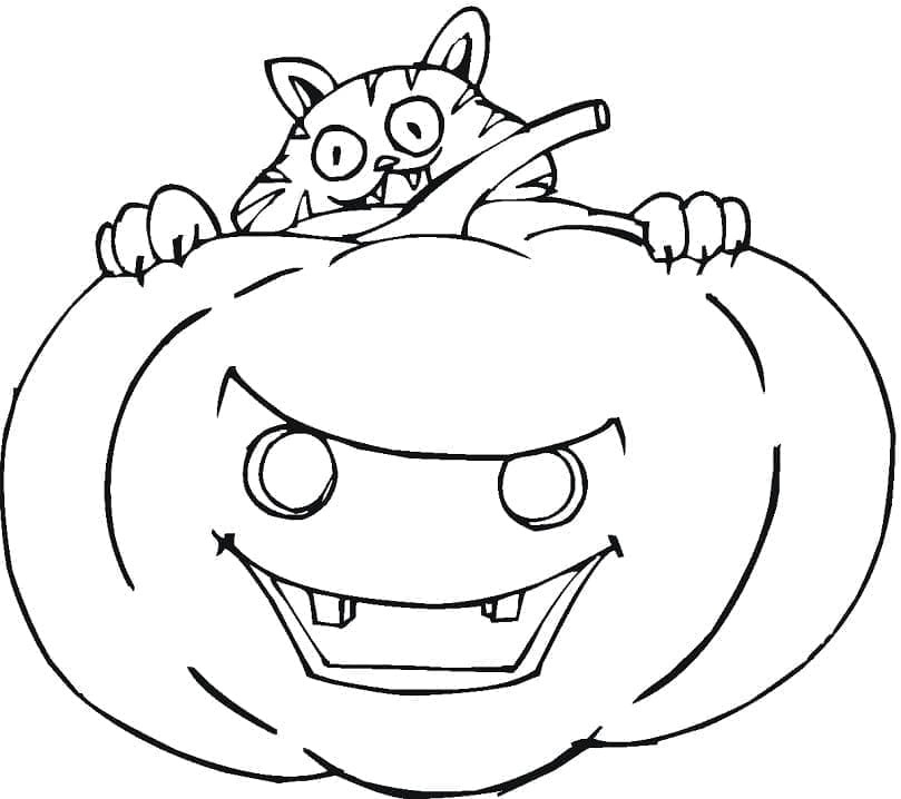 Desenho deUm Gato com Abóbora de Halloween para colorir