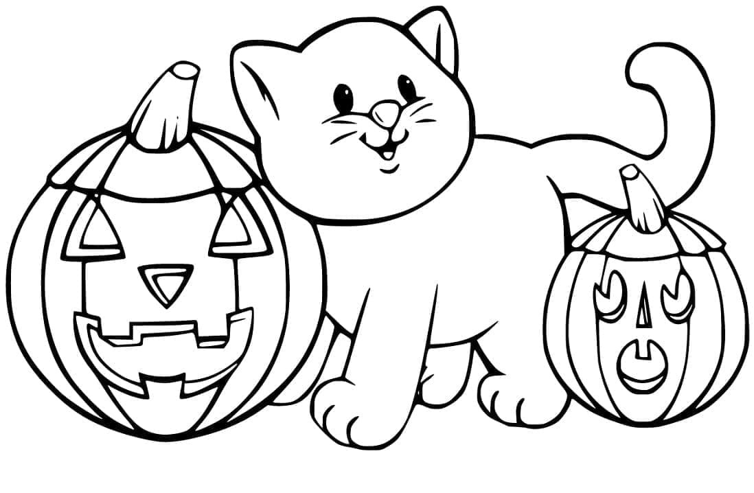 Desenho deUm Gato com Abóboras de Halloween para colorir