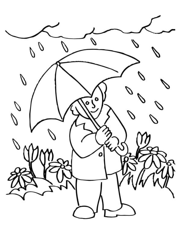 Desenho deUm Menino Sob a Chuva para colorir