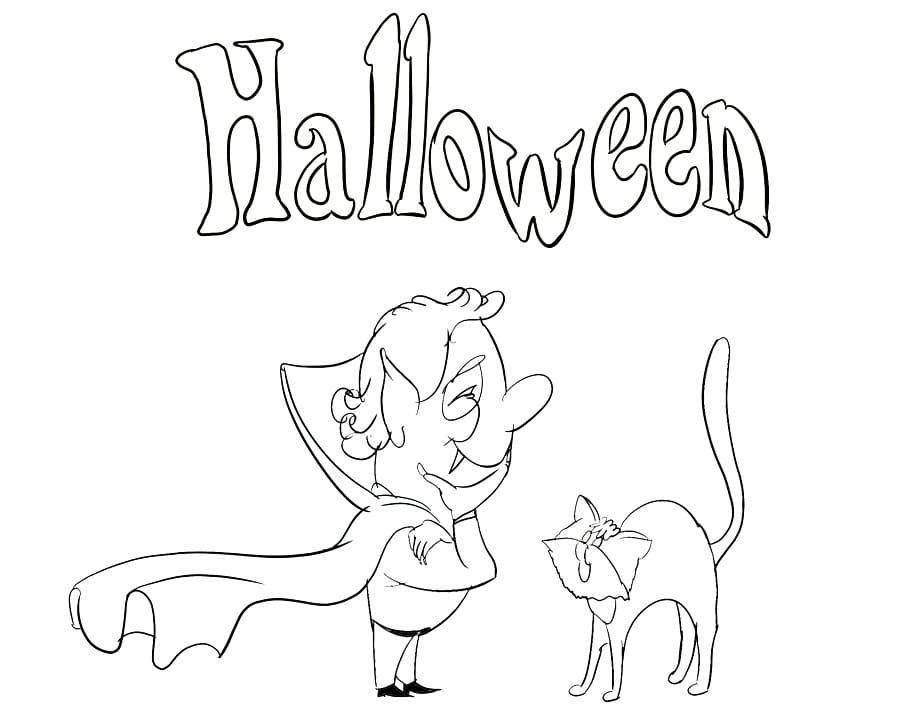 Desenho deVampiro e Gato de Halloween para colorir