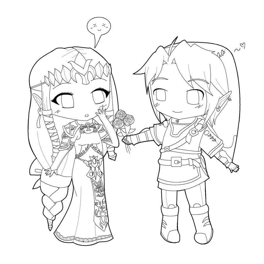 Desenho deZelda e Link Chibi para colorir