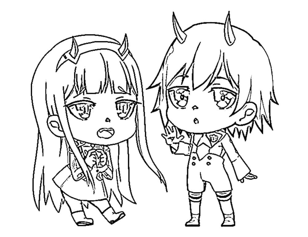 Desenho deZero Two e Hiro Chibi para colorir