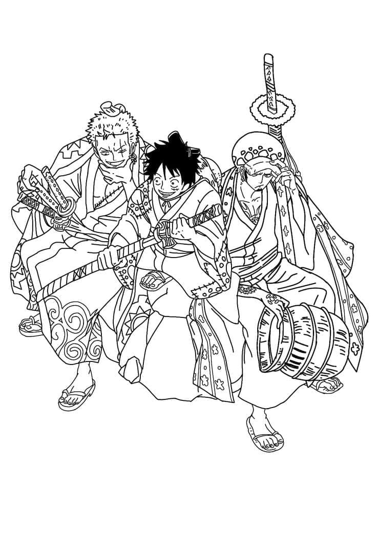 Desenho deZoro, Luffy e Law para colorir