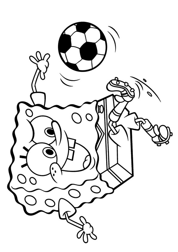 Desenho deBob Esponja Calça Quadrada Jogando Futebol para colorir