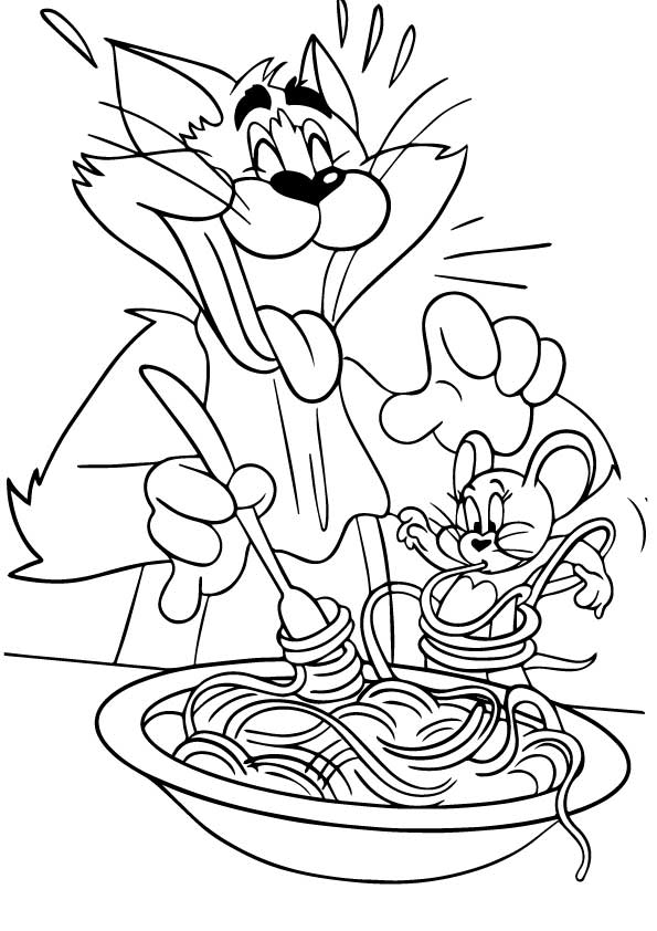 Desenho de Tom e Jerry Comendo Macarrão para colorir