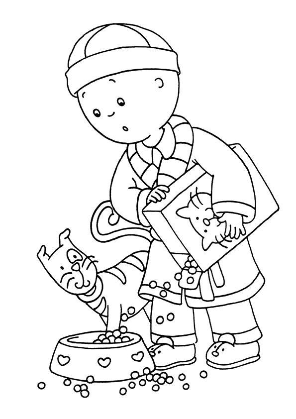 Desenho de Caillou Alimentando o Gato para colorir