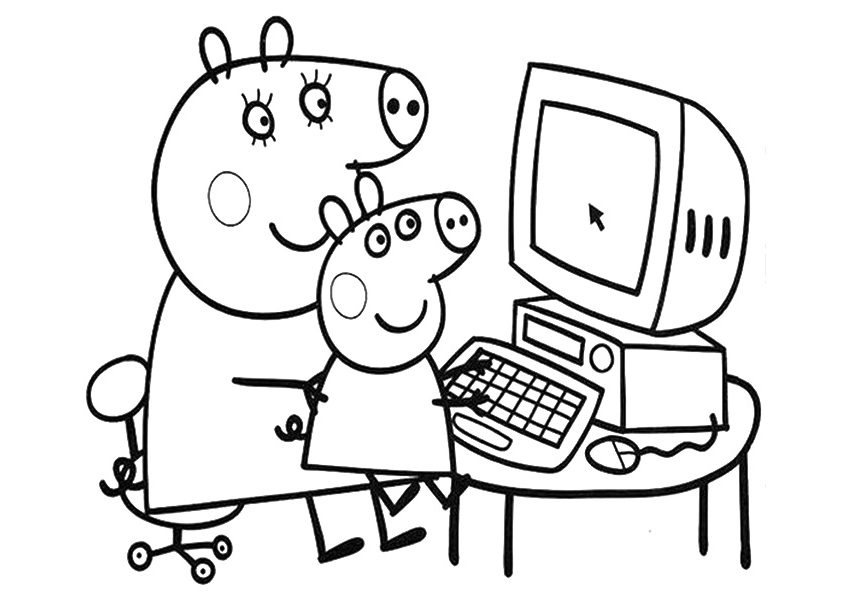 Desenho de Peppa e Mamãe com Um Computador para colorir