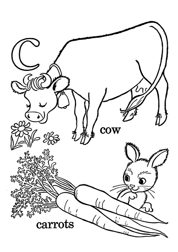 Desenho deCoelho Com Cenouras E Vaca para colorir