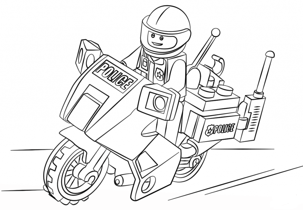 Desenho deLego Polícia Montando Moto para colorir