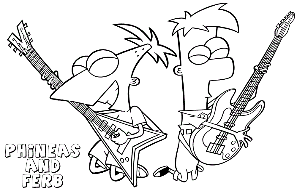 Desenho de Phineas e Ferb Tocando Guitarra para colorir