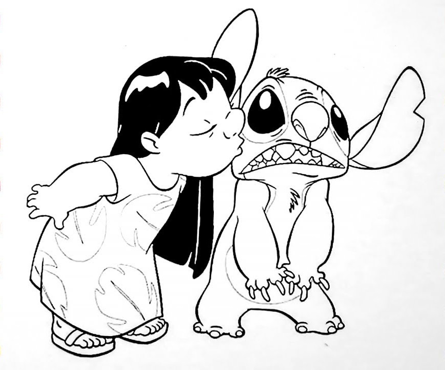 Desenho deLilo Beijando Stitch para colorir